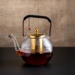 Elegant Glass Teapot with Gold Infuser and Wooden Handle