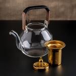 Elegant Glass Teapot with Gold Infuser and Wooden Handle
