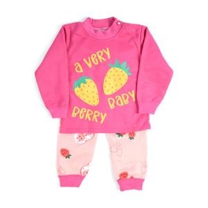 طقم بناتي بياقة دائرية وأكمام طويلة ونمط الفراولة