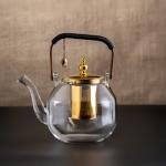Elegant Glass Teapot with Gold Infuser and Wooden Handle