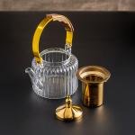 إبريق شاي زجاجي فاخر مع لمسات ذهبية ومقبض خشبي – تجربة تخمير شاي أنيقة