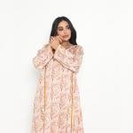 Soft Blush Paisley-Print Kaftan with Golden Mustard Piping & Embellished Cuffs