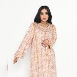 Soft Blush Paisley-Print Kaftan with Golden Mustard Piping & Embellished Cuffs