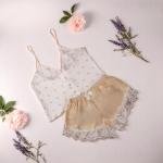 VIP Women’s Satin Heart Print Sleepwear Set – White Cami Top with Beige Lace Trim Shorts