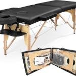 طاولة مساج قابلة للطي – طاولة خشبية متنقلة بمنطقتين للعلاج الطبيعي (لون أسود)