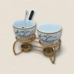 5-Piece Ceramic Fondue Set with Dual Bowls, Metal Stand & Forks
