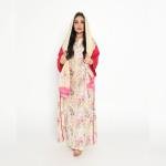 Rosy Radiance Kaftan – Abstract Pastel Floral Print with Bold Cherry Red Sleeves & Collar