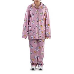 طقم بيجامة للنساء سترة بأزرار وسروال بطبعات كرتونية كاملة لـ سنوبي وودستوك