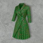 Belted Wrap Pleated Dress with Abstract Leaf Print and Notch Collar