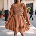 Ruffled Smocked Party Dress with Puffy Sleeves – Square Neck Short Fit & Flare