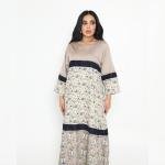 Layered Harmony Floral Abaya with Contrast Satin Yoke & Navy Lace Accents