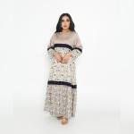 Layered Harmony Floral Abaya with Contrast Satin Yoke & Navy Lace Accents