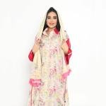 Rosy Radiance Kaftan – Abstract Pastel Floral Print with Bold Cherry Red Sleeves & Collar
