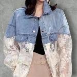 Denim-Lace Contrast Jacket with Sheer Embroidered Panels