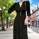 Women's Elegant V-Neck Maxi Party Dress with Pearl Button Detail