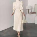 Wrap Pleated Midi Dress with Puff Sleeves and Waist Tie Detail