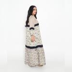 Layered Harmony Floral Abaya with Contrast Satin Yoke & Navy Lace Accents
