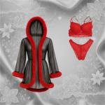 VIP 3-Piece Sheer Mesh Lingerie Set with Faux Fur Trim Robe and Lace Bra Panty