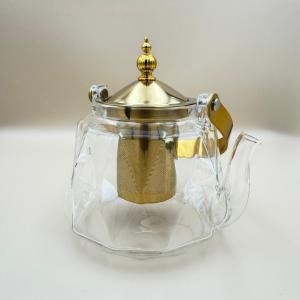 Diamond-Cut Glass Teapot with Golden Lid, Infuser & Handle Accent