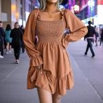 Ruffled Smocked Party Dress with Puffy Sleeves – Square Neck Short Fit & Flare