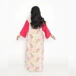 Rosy Radiance Kaftan – Abstract Pastel Floral Print with Bold Cherry Red Sleeves & Collar