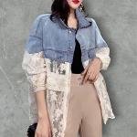 Denim-Lace Contrast Jacket with Sheer Embroidered Panels