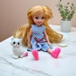 Lovely Doll with Pet Cat – Blue Striped Dress and Boots