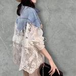 Denim-Lace Contrast Jacket with Sheer Embroidered Panels