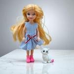 Lovely Doll with Pet Cat – Blue Striped Dress and Boots
