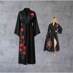 VIP Elegant Satin Kimono Robe with Red Floral Embroidery