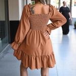 Ruffled Smocked Party Dress with Puffy Sleeves – Square Neck Short Fit & Flare