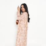 Soft Blush Paisley-Print Kaftan with Golden Mustard Piping & Embellished Cuffs