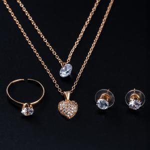 طقم قلادة القلب الكريستال عقد بطبقتين، أقراط صغيرة وخاتم