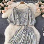 Floral Chiffon Co-Ord Set with Smocked Waist Skirt & Puff Sleeve Crop Top