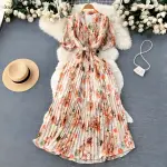 Vintage Rose Belted Pleated Midi Dress with Button Front and Puff Sleeves